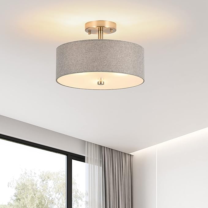 3-Light Semi Flush Mount Ceiling Light Fixture, 13" Modern Drum Light with Grey Fabric Shade, Close to Ceiling Lighting Hanging Lamps for Bedroom Living Room Dining Room Kitchen Hallway