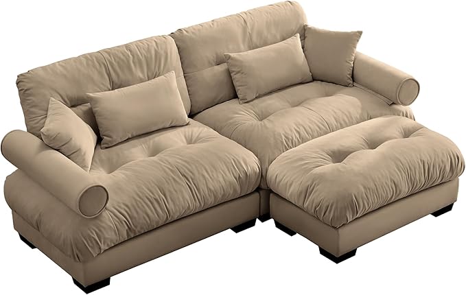 Ball & Cast 93.7" Modern Sectional Sofa,L-Shaped Sectional 2-Seater Loveseat with Movable Ottoman,Pillows and Overthick Cushion,Big Comfy Couch for Living Room,Reading Room,Loft and Bedroom,Camel