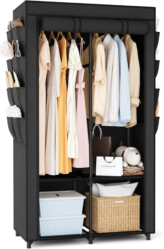 Portable Closet for Hanging Clothes, Portable Wardrobe Closet with Cover, 4 Storage Shelves, 2 Hanging Rods and 8 Side Pockets, Easy Assembly and Sturdy Free Standing Closet for Bedroom, Black