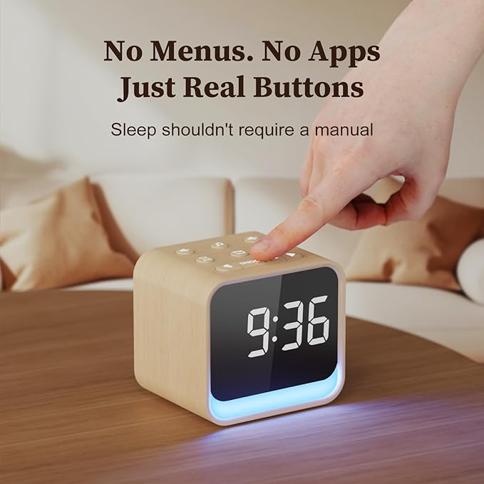 Housbay Wooden Sound Machine Alarm Clock for Bedrooms - Gentle Wake-Up with Birdsong, White Noise for Sleeping, Small Digital Clock for Phone-Free Routine - Maple Wood