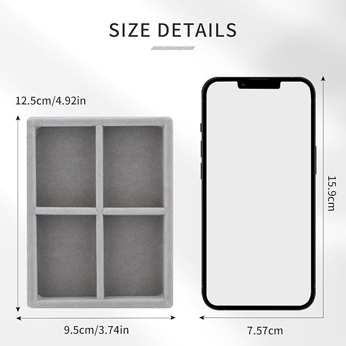 DesignSter Small Jewelry Tray, 2PCS Ring Organizer, Velvet Jewelry Display Tray, Stackable Jewelry Organizer Trays, Jewelry Drawer Organizer Inserts For Dresser, Jewelry Box (Gray)