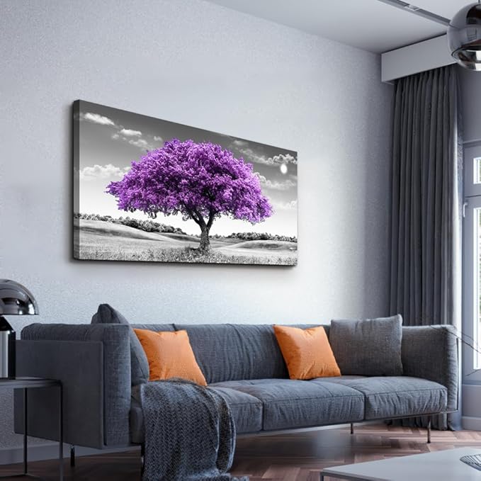 Large Canvas Wall Art for Living Room Wall Decor for Office Aesthetic Bedroom Wall Decorations Purple Tree Landscape Painting Black and White Pictures Artwork Room Modern Home Decor