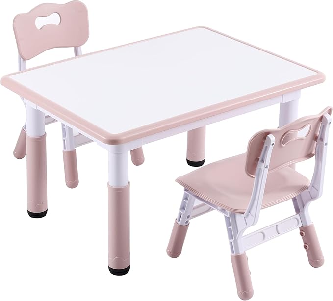 Kids Table and 2 Chairs Set, Height-Adjustable Toddler Table and Chair Set with Graffiti Desktop, 31.5''L x 23.6''W Children Activity Table for Daycare, Classroom, Home