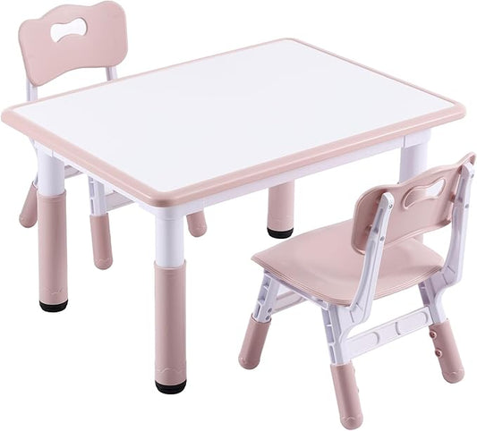 Kids Table and 2 Chairs Set, Height-Adjustable Toddler Table and Chair Set with Graffiti Desktop, 31.5''L x 23.6''W Children Activity Table for Daycare, Classroom, Home