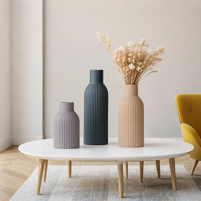 Modern Ceramic Vases Set of 3, Black Ribbed Decorative Vases, Shelf Table Centerpiece for Home Decor (Black Mix)