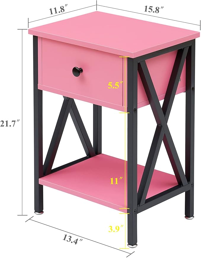 VECELO Nightstand,Modern Bedside End Table, Night Stand with Drawer and Storage Shelf for Living Room Bedroom, Industrial Metal Frame