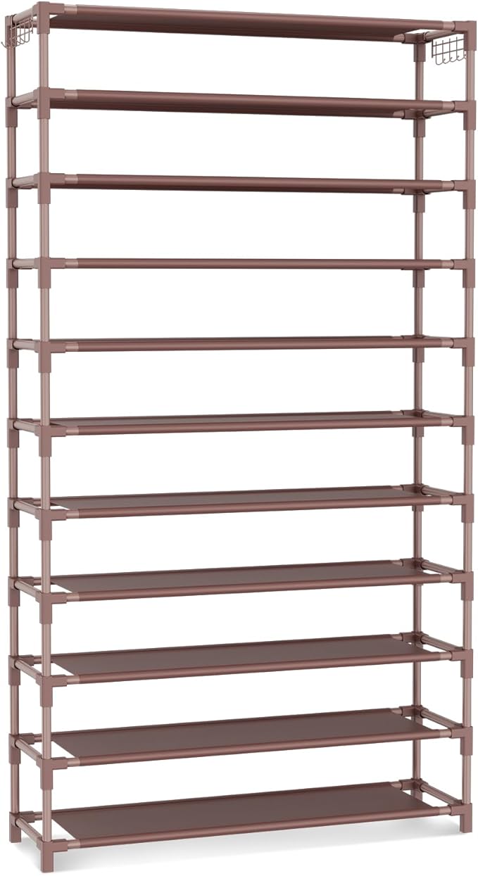 11 Tiers Tall Wide Shoe Rack 55 Pairs Large Capacity Sturdy Durable Shoe Rack for Closet Metal Shoe Organizer Shelf with Two Hooks Space Saving for Entryway Brown