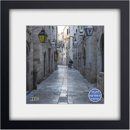 RPJC 11x11 Picture Frame Made of Solid Wood and High Definition Glass Display Pictures 8x8 with Mat or 11x11 Without Mat for Wall Mounting Photo Frame Black