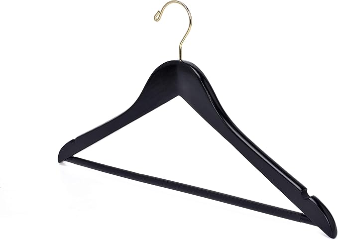 Quality Black Wooden Hangers - Slightly Curved Hanger Set of 30-Pack - Solid Wood Coat Hangers with Stylish Chrome Hooks - Heavy-Duty Clothes, Jacket, Shirt, Pants, Suit Hangers (Black-Gold Hook, 30)