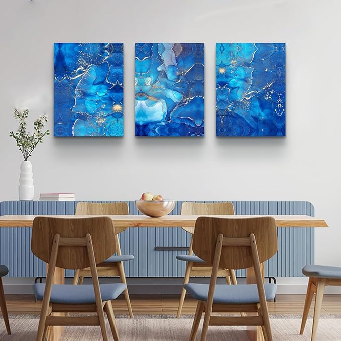 MHARTK66 Canvas Wall Art For Living Room Large Wall Decorations For Bedroom Modern Bathroom Wall Decor Painting Blue Abstract Pictures Artwork Inspirational Canvas Prints Art Home Decor 3 Pieces