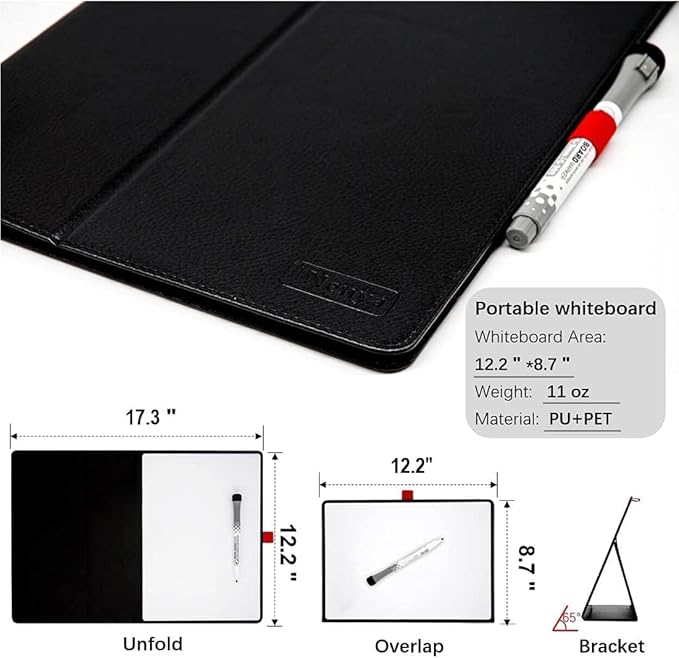 Portable Small White Board, 12" x 9" Magnetic Dry Erase Board with Stand, Desk Whiteboard for Kids Drawing, Comes with 1 Marker with Eraser for Clear, (Black)