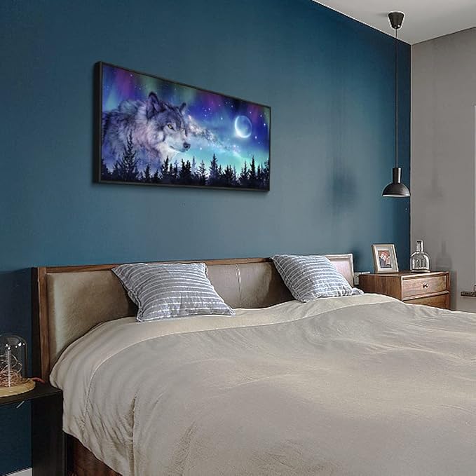 Framed Canvas Wall Art - Large Size Aurora Scenery Paintings - Abstract Wolf Wall Pictures - Black Framed 24" X 48" - For Living Room, Bedroom & Office Decor