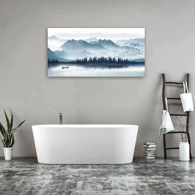 arteWOODS Indigo Canvas Wall Art - Misty Mountain & Foggy Lake Boat Painting - Grey Blue Forest Birds - 20" x 40" Canvas Wall Decor for Living Room