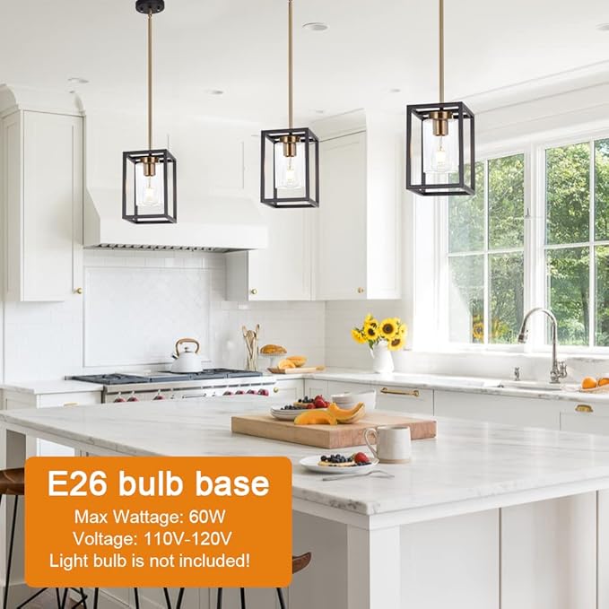 VINLUZ 1-Light Mini Lantern Pendant Light,Black and Brushed Brass Finish Farmhouse Chandelier with Clear Glass Shade Foyer Cage Hanging Ceiling Lighting for Kitchen Island Dining Room Entryway