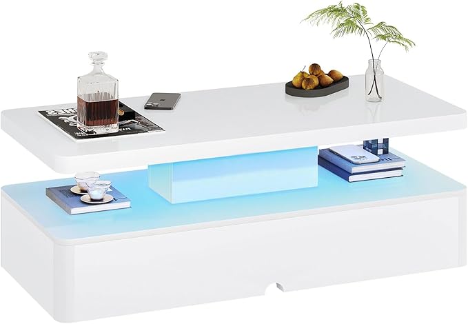 MXV Modern Coffee Table, 47 Inches Coffee Tables with 16 Colors LED Lights, 2 Tier Rectangular Center Table, Large Storage Space, High Glossy Wooden Tea Table for Living Room, Bedroom, Office, White