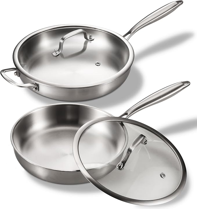 Tri-Ply Stainless Steel Pan Set, PFOA and PTFE-Free Skillet Griddle, Stainless Steel Pan Set with Lid for the Kitchen, Induction-Compatible Cookware Sets, Dishwasher and Oven Safe