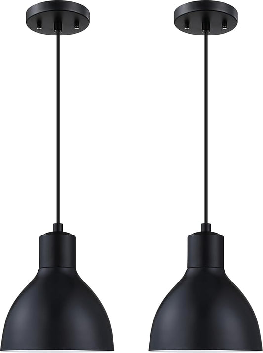 2 Pack 1 Light Industrial Hanging Indoor 7.3" Kitchen Island Pendant Ceiling Light Fixtures Black Finish,Drum Metal Shade for Bar Dining Room Living Room Over Sink