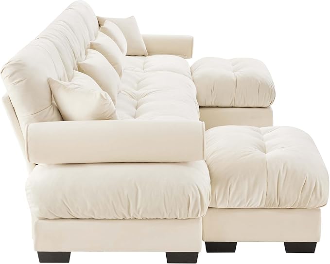 Ball & Cast 166" U Shaped Couch Sectional Couch,4 Seater Modular Couchs with Round Bolster Armrest,6 Pillows,Waist Pillows,Modern Corner Sofa w/ 2 Removable Ottomans,for Living Room,Cream