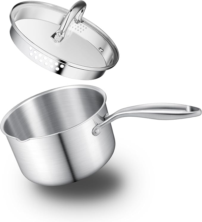 Leetaltree 2.5 Quart Stainless Steel Saucepan with Glass Strainer Lid, Thicken Tri-ply Ful Body, Multipurpose Sauce Pot with Two-Size Drainage Holes Lid, Perfect For Boiling Gravies, Pasta, Noodles