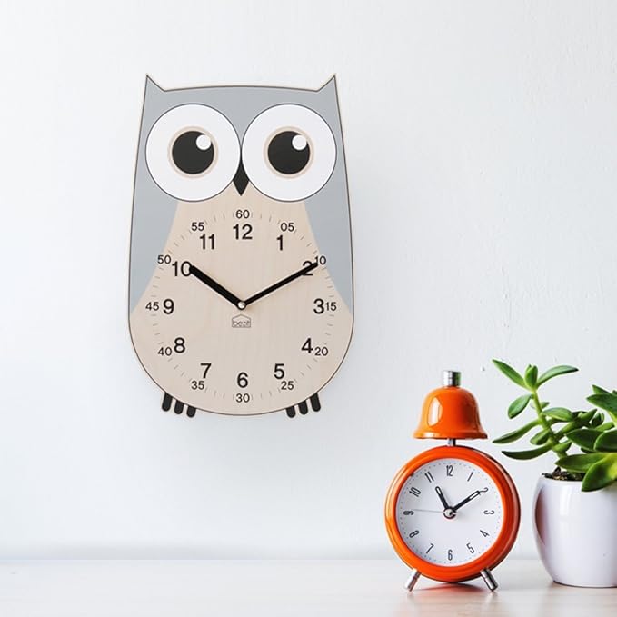 Non-Ticking, Silent 11-Inch Wall Clock – Decorative, Modern, Clean, Cute, Kid-Friendly Design for Indoor, Office, Home, Baby Room (Grey Owl)