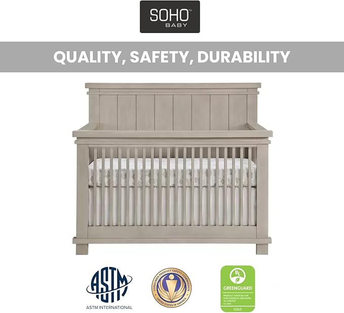 Soho Baby Hampton Premium 4-in-1 Convertible Crib, Flat-Top Headboard, Smooth Stone Wash, GreenGuard Gold Certified