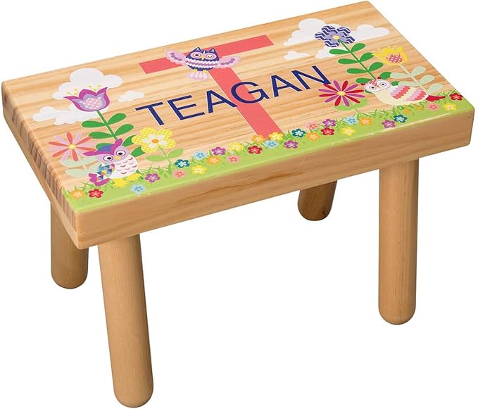 Custom Children’s Step Stool, Customized with Kid’s Name, Flowers and Owls Design