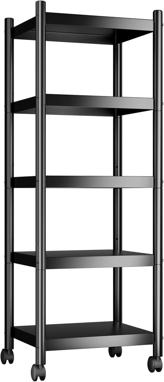 VETALLO Metal Shelves 5 Tier Shelving Units,Estantes para Cocina,Storage Rack Shelf for Kitchen,Garage, Pantry, Closet Organizer, Utility Narrow Racks Carts with Wheels (15.7" L x 11.8" W x 54.3" H)