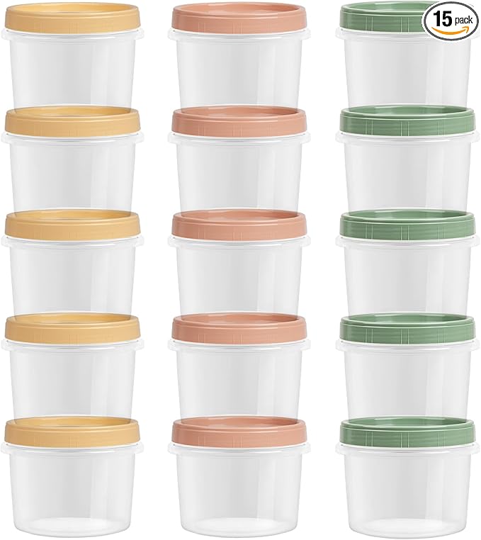 16 Oz Plastic Containers with Lids, 15 Pack Overnight Oats Containers with Lids, Stackable Reusable Twist Screw Top 2-Cup Freezer Storage Container for Food Soup Jello Sauce, Yellow/Green/Red Ocher