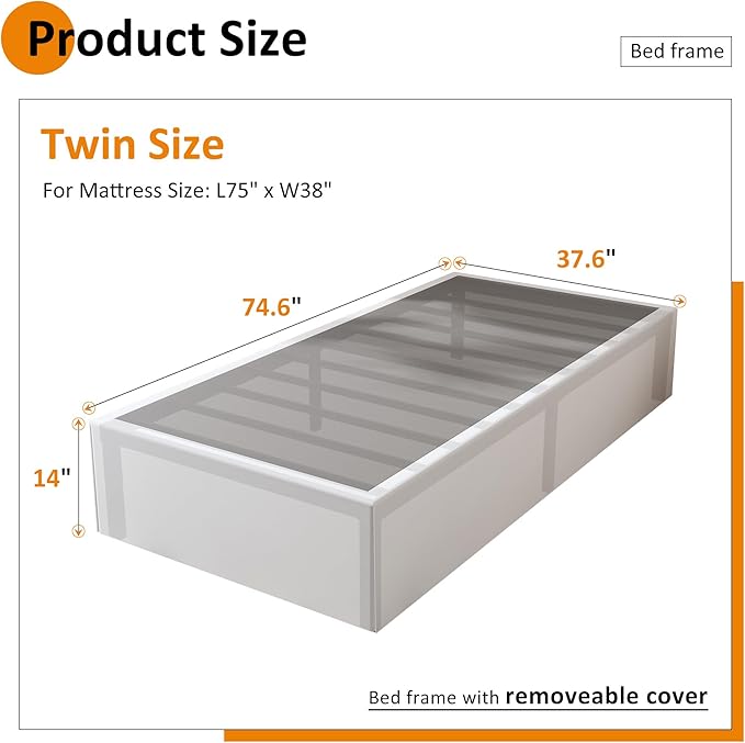 Twin Bed Frame with White Fabric Cover 14 Inch, Heavy Duty Metal Bed Frame Twin, No Box Spring Needed, Support Up to 2500 lbs, Easy Assembly, Noise Free, Black