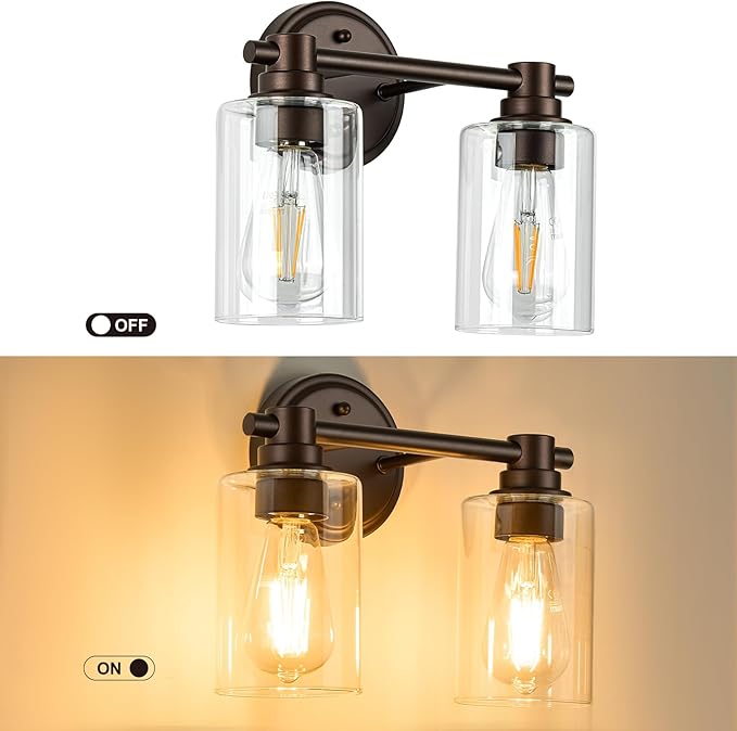 Bathroom Light Fixtures Wall Sconce Light with Clear Glass Oil Rubbed Bronze 2 Lights Bathroom Lighting Over Mirror Vanity Lights for Living Room,Bedroom,Restroom,Hallway E26 Base
