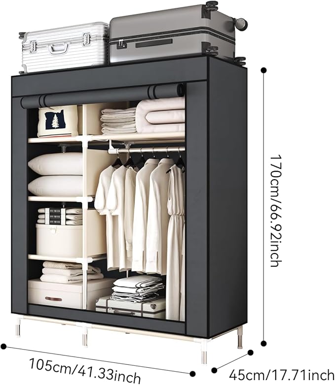 Portable Wardrobe Closet Durable and Easy to Assemble Heavy Duty Clothes Rack with Non-Woven Cover Fabric Best for Bedroom and Easy Storage and Organization (Grey-C)