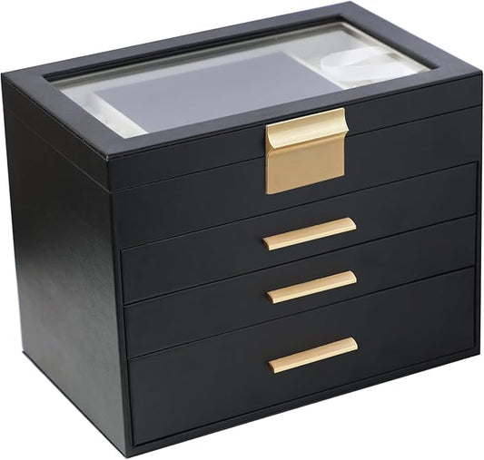 BOOVO Jewelry Boxes for Women, White and Black 4 Layer Large Jewelry Box for Necklace, Bracelet, Earrings, Rings Storage, Jewelry holder Organizer for Girls Gift (Clear Black, 4 layer)