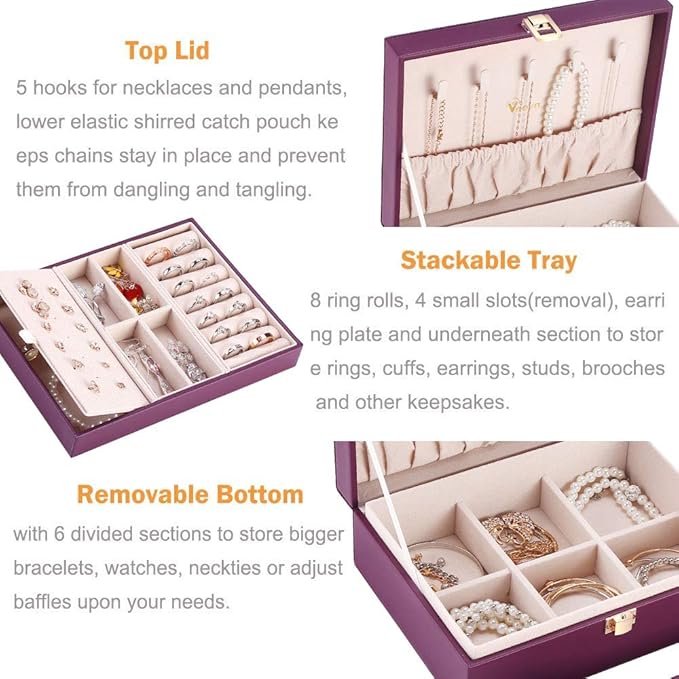 Voova Jewelry Box Organizer for Women Girls, 2 Layer Large Men Jewelry Storage Case, PU Leather Display Jewellery Holder with Removable Tray for Necklace Earrings Rings Bracelets, Vintage Gift, Purple