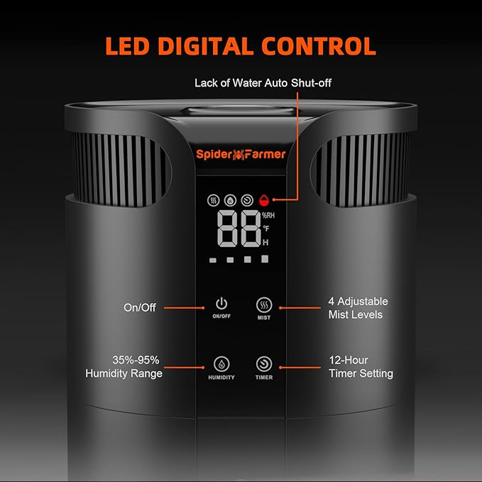 Spider Farmer 16L/4.2Gal Humidifier 1400ML/H Output for Grow Tent 2000 Sq.ft Large Room Plant Multi Extendable Hoses Splicing and Humidity Sensor Probe Cool Mist Quiet for Bedroom Greenhouse Indoor