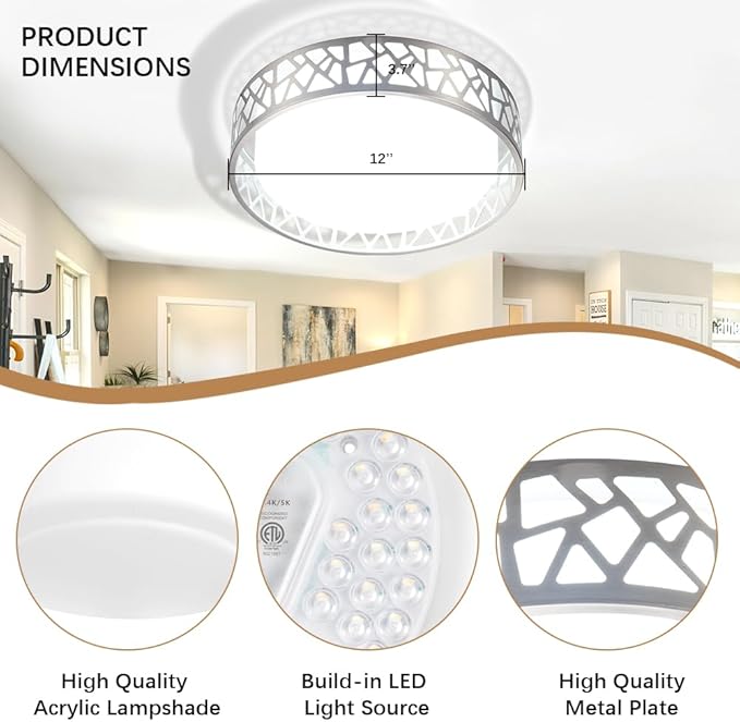 Flush Mount Ceilling Light Fixture with Remote Control, 12 Inch 3000K-6500K LED Ceiling Lights,24W Brushed Nickel Ceiling Light Flush Mount for Bedroom,Hallway,Kitchen,Entrance,Laundry