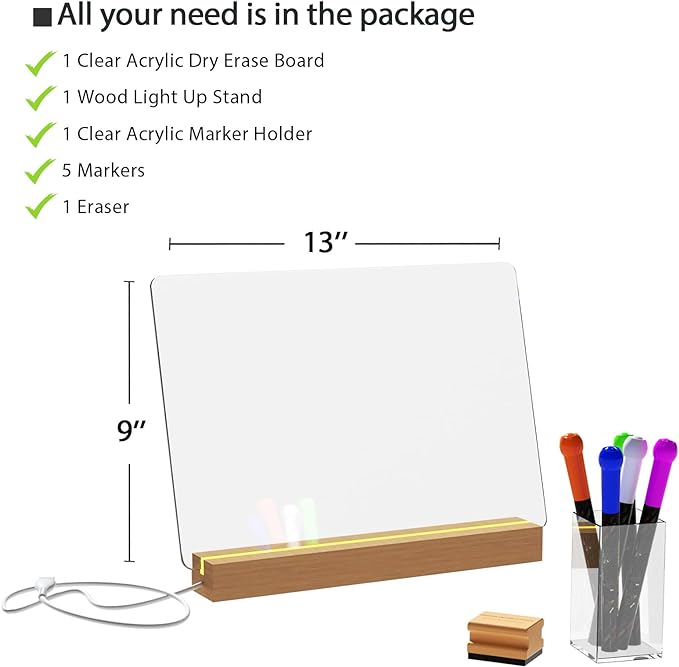 Light Up Clear Dry Drase Board 13 x 9 inch with 5 Markers, Acrylic Lighting Message Memo Note Board for Home/Office/Kitchen/Bedroom
