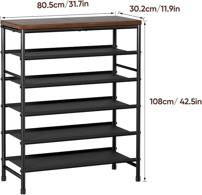 Mavivegue 6 Tier Shoe Rack Organizer, Metal Organizer Shelf with with MDF Top Panel and Layer Fabric, Shoe Rack for Front Door Entrance, Black & Rustic Brown