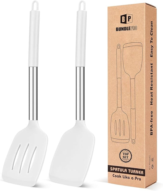 Pack of 2 Silicone Solid Turner, Non Stick Slotted Kitchen Spatulas, High Heat Resistant BPA Free Cooking Utensils, Ideal Cookware for Fish, Eggs, Pancakes(White)