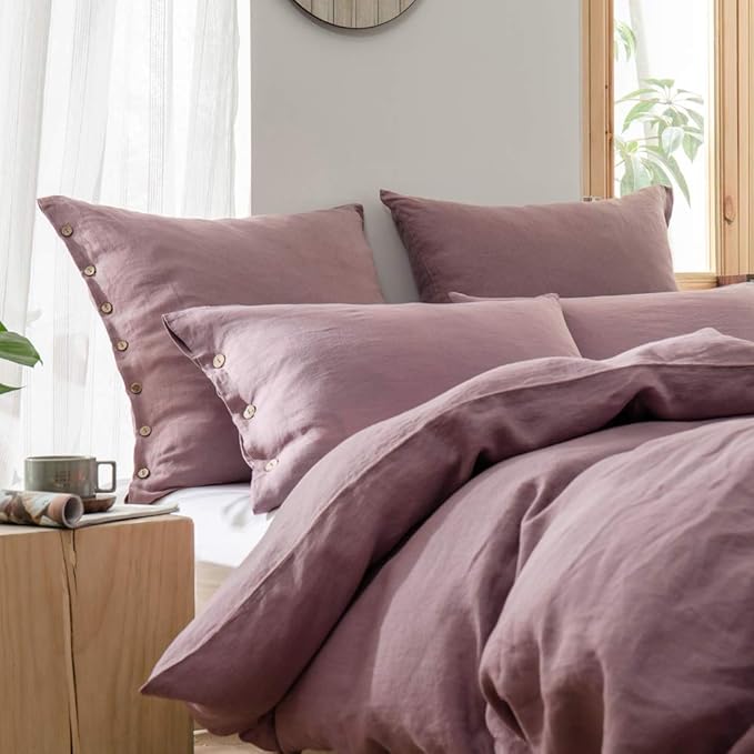 Simple&Opulence 100% Washed Linen Euro Sham Cover, 26 x 26 Inch, Decorative Bed Pillow Cover with Coconut Button, Solid Color Pillow Shams Set of 2 (Purple)