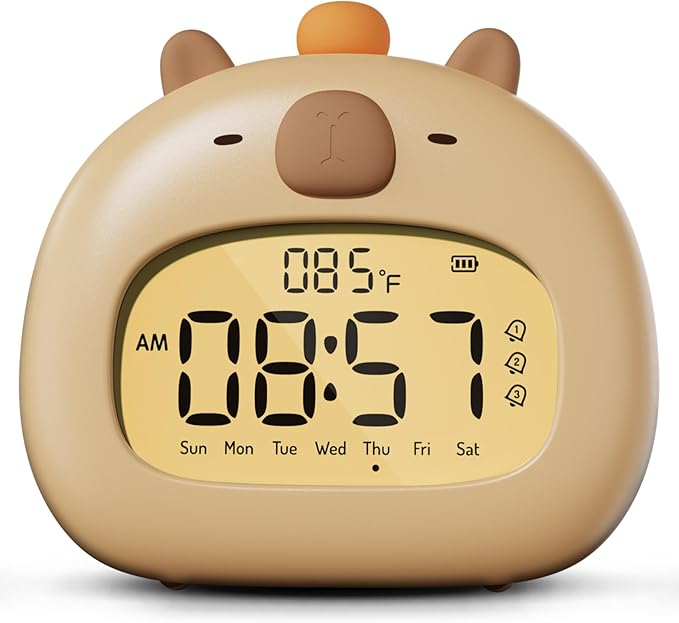 Capybara Kids Alarm Clock with Night Light, Digital Alarm Clocks for Bedrooms, Cute Kawaii Capibara Loud Ok to Wake Up Rechargeable, Snooze, 3 Alarms