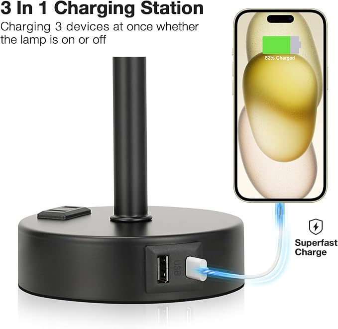 Grey Touch Bedside Lamp for Bedroom - 3 Way Dimmable Table Lamp USB C Charging Ports and AC Outlet, Small Desk Lamp for Living Room, Office, LED Bulb Included