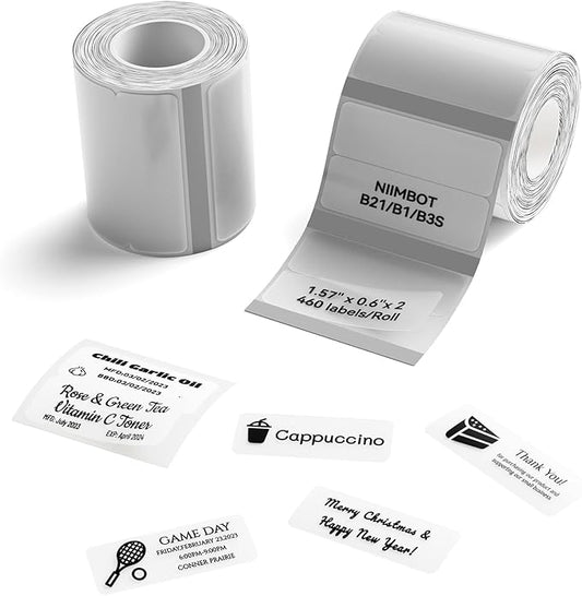 NIIMBOT Labels, 2 Rolls Refill Thermal Label for Label Maker B1/B21/B21Pro/B3S/B31/K3, Waterproof, Oil-Proof and Tear-Proof Sticker Labels, 1.57'' x 0.6''x2(40x15mmx2) Clear