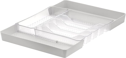 Spectrum Diversified Hexa Expandable Divided Drawer Organizer Tray Modern Kitchen Cutlery, Utensil, Silverware Holder, Cabinet Storage, 13 x 16, Clear Frost/Stone Gray