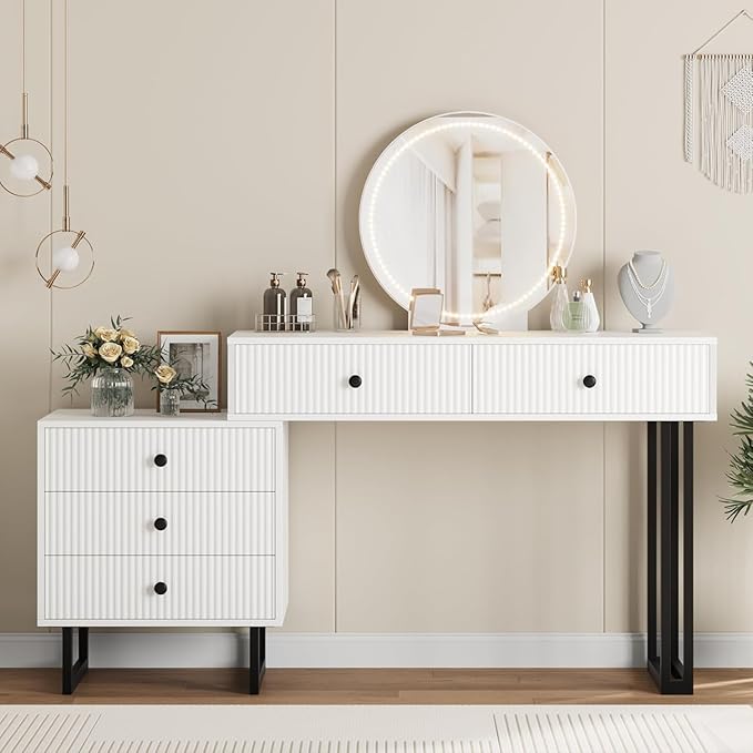 IDEALHOUSE Vanity Desk with Mirror and Lights, 49.2”H Makeup Vanity with 3 Color Lights and Adjustable Brightness, Bedroom Vanity Table with 5 Drawers, White