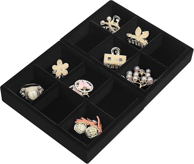 DesignSter Small Jewelry Tray-Ring Organizer 2PCS Premium Velvet Rings Earrings Display Tray Storage Insert Holder for Jewelry Box, Drawer, Dresser (6 Grids, Black)