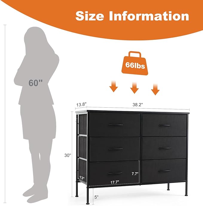 Sweetcrispy Dresser for Bedroom, TV Stand, 6-Drawer Fabric Storage Cabinet with Open Shelves, Console Table, Entertainment Center and Closet Organizers for Living Room Furniture, Black