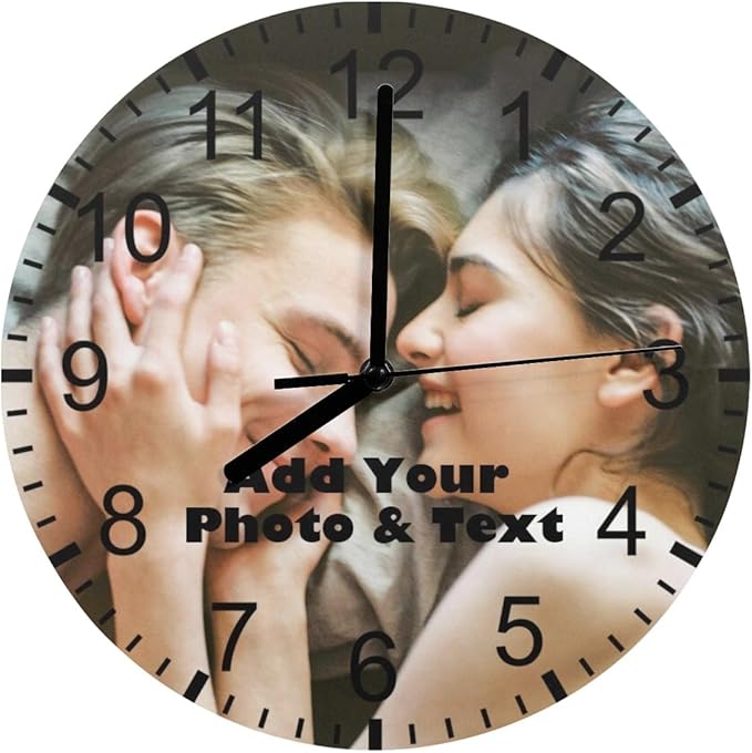 Customized Clocks with Photo for Wall, Custom Photo Wall Clocks with Text for Living Room Bedroom, Personalized 11.6" MDF Round Silent Clocks