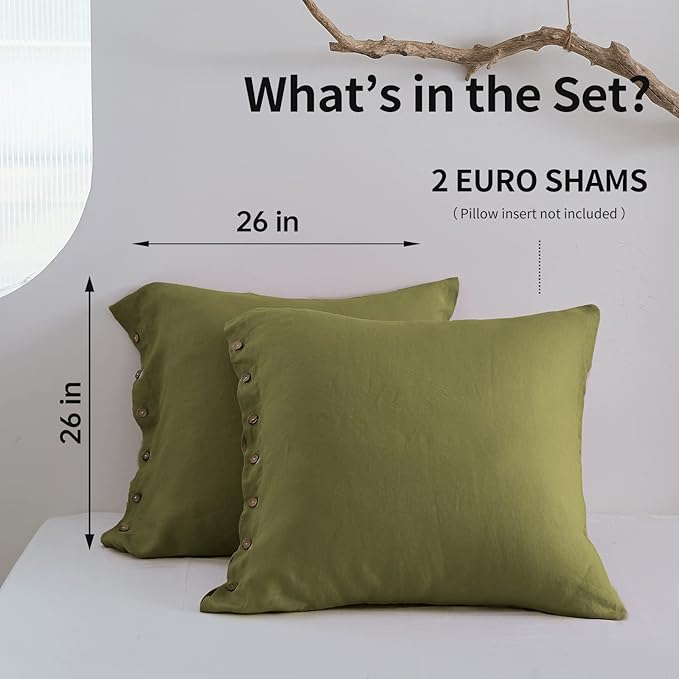 Simple&Opulence 100% Washed Linen Euro Sham Cover, 26 x 26 Inch, Decorative Bed Pillow Cover with Coconut Button, Solid Color Pillow Shams Set of 2 (Olive Green)