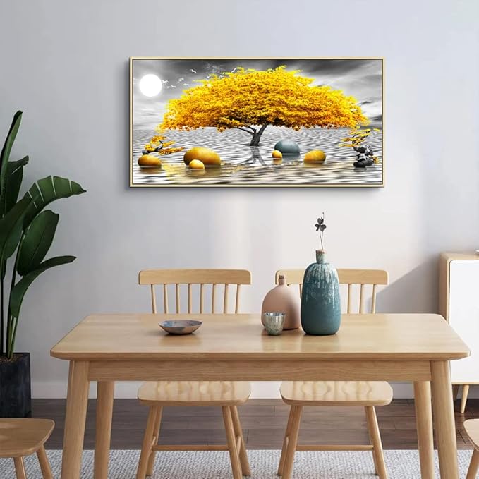 Black And White Wall Art - Framed Canvas Wall Decor For Living Room, Bedroom, Office - Large Size 24" X 48" - Boho Yellow Tree Painting - Natural Wood Frame
