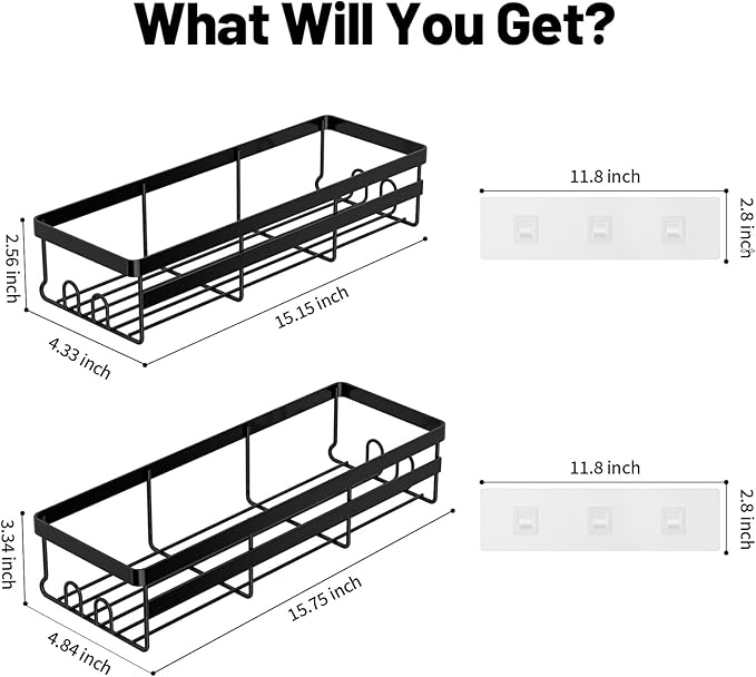 WOWBOX Shower Caddies 2 Pack - Adhesive Hanging Shower Shelf - Bathroom & Kitchen Organizers and Storage, No Drilling Stainless Shower Shelves for Home Decor Storage (Large), Black